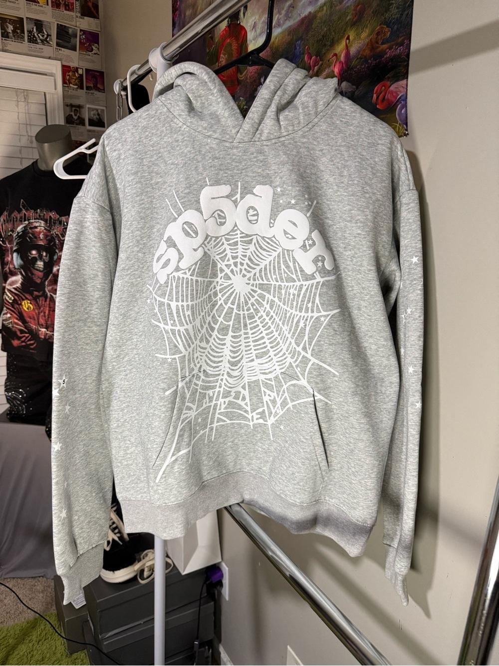 Men's Grey Crewneck Hoodie with White Spiderweb Graphic